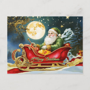 Vintager Weihnachtsmann in Sleigh, Vollmond, Stern Feiertagspostkarte