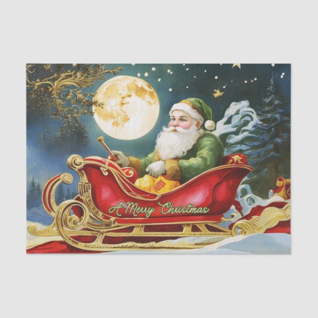 Vintager Weihnachtsmann in Sleigh, Vollmond, Stern Seidenpapier (Vorderseite)