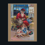 Vintager Weihnachtsmann, Kinder und Geschenke Postkarte<br><div class="desc">Nostalgische und malerische Weihnachtsillustrierung aus der Viktorianischen Zeit mit roten Roben Weihnachten mit zwei Kindern und Geschenken mit 25. Dezember Scroll. Zurück zeigt ergänzende Blumenränder,  vorgeschlagene Grußfelder und bearbeitbare Textfelder.</div>