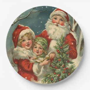 Vintager Weihnachtsmann, Kinder und Weihnachtsbaum Pappteller
