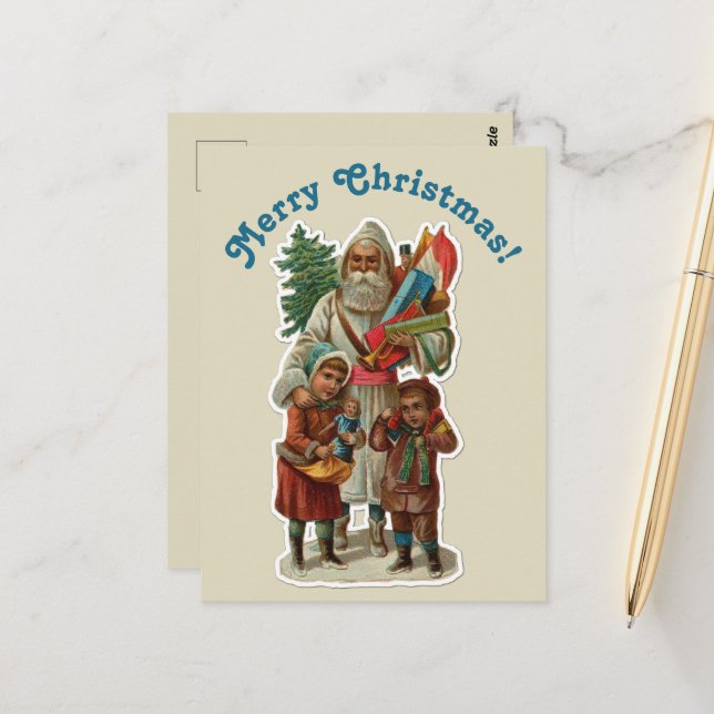Vintager Weihnachtsmann & Kinder zu Weihnachten Ei Postkarte (Vorderseite/Rückseite Beispiel)