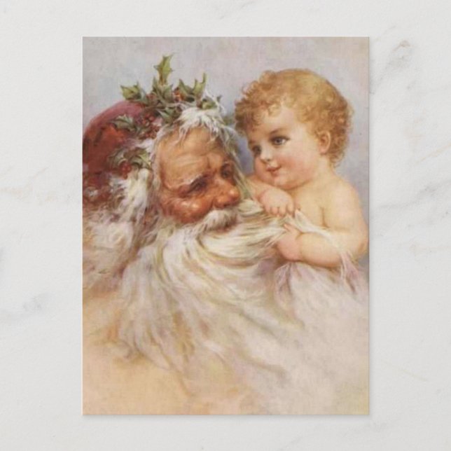Vintager Weihnachtsmann mit Baby Feiertagspostkarte (Vorderseite)