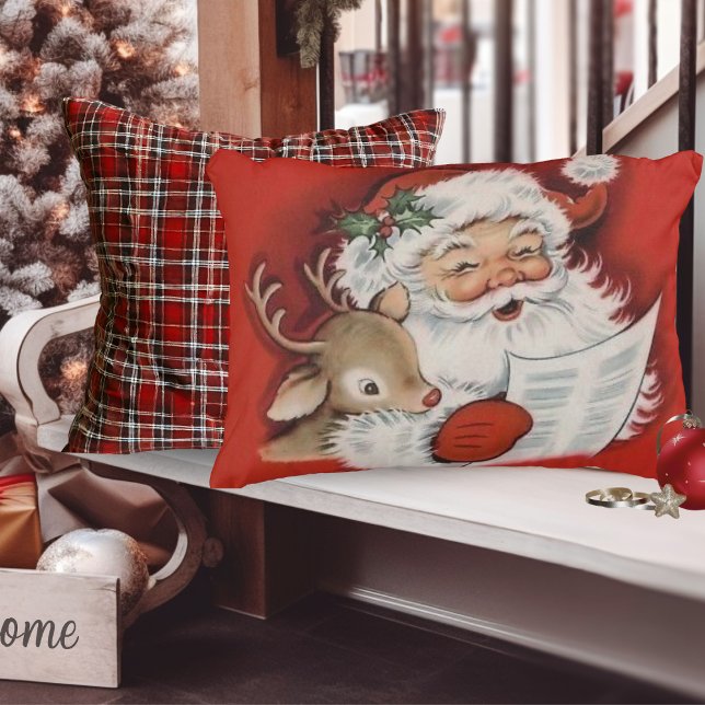 Vintager Weihnachtsmann mit Baby Rudolf Retro Weih Dekokissen (Vintage Santa with Baby Rudolf Retro Christmas Accent Pillow)