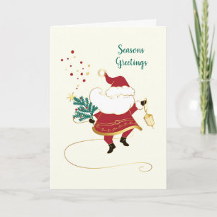 Vintager Weihnachtsmann mit Baumbestand und Latern Feiertagskarte