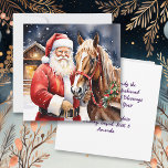 Vintager Weihnachtsmann mit einem braunen Weihnach Karte<br><div class="desc">Ein Vintager Santa stehend mit einem braunen Pferd vor einer rustikalen Scheune an einem schneebedeckten Winterabend.</div>