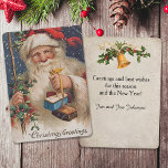 Vintager Weihnachtsmann mit Geschenken Feiertagskarte<br><div class="desc">Santa aus der viktorianischen Ära mit langen,  fließenden Whiskers,  die Pakete mit Band verbunden halten. Komplementares Bild auf der Rückseite mit anpassbarem Text.</div>