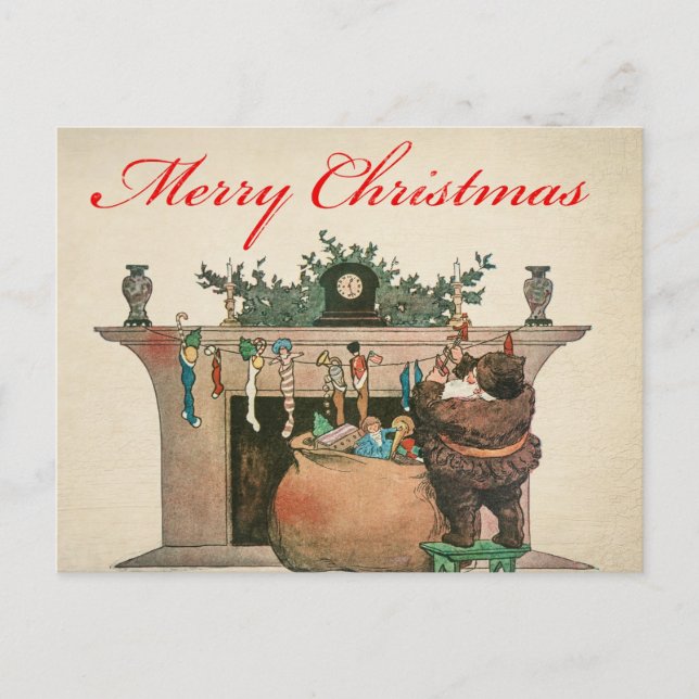 Vintager Weihnachtsmann mit Geschenken Postkarte (Vorderseite)