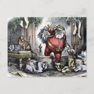 Vintager Weihnachtsmann mit Haustieren Weihnachten Postkarte