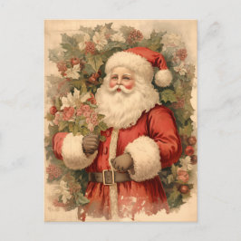 Vintager Weihnachtsmann mit Holly Blätter Kunst Feiertagspostkarte