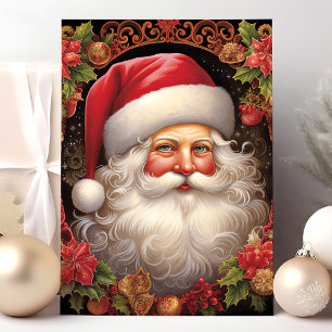 Vintager Weihnachtsmann mit Holly Floral Weihnacht Feiertagskarte