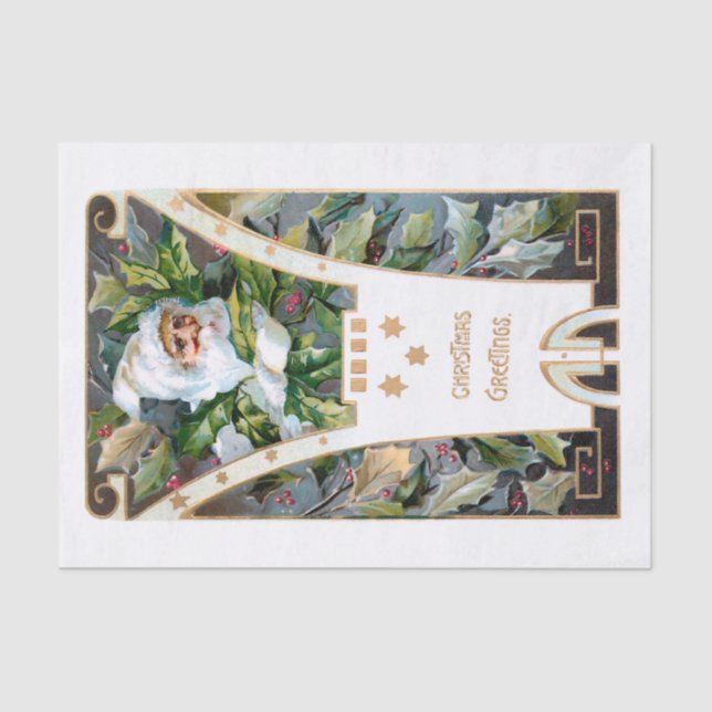 Vintager Weihnachtsmann mit Holly & Gold Stars Seidenpapier (Vorderseite)
