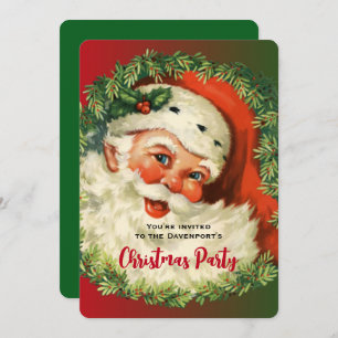 Vintager Weihnachtsmann mit Holly & Pine Wreath We Einladung