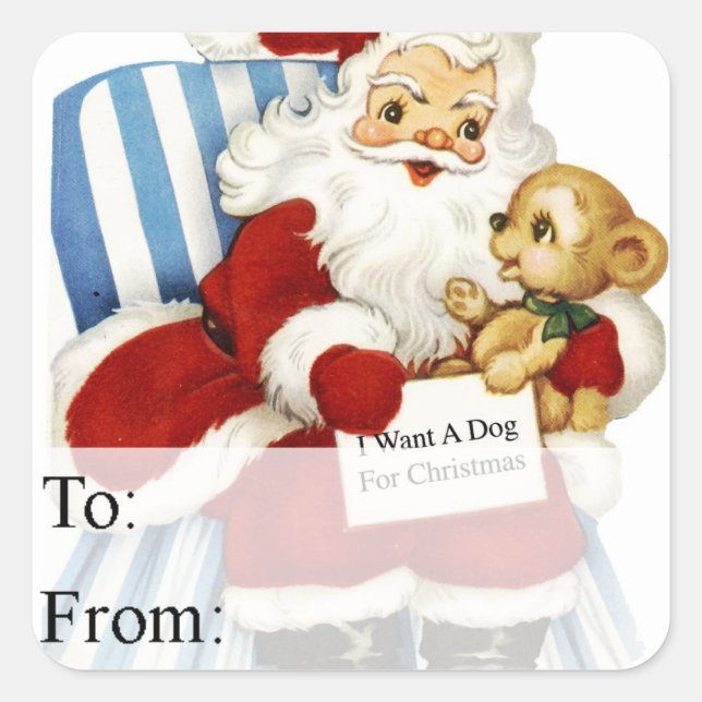 Vintager Weihnachtsmann mit Hundeschenk-Tag Quadratischer Aufkleber (Vorderseite)