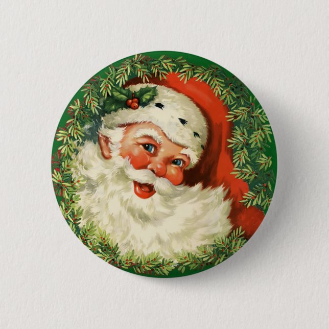 Vintager Weihnachtsmann mit Kiefernwald Button (Vorderseite)