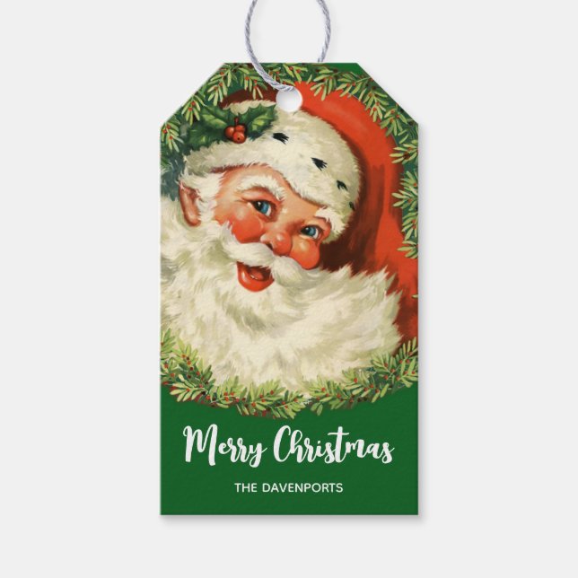 Vintager Weihnachtsmann mit Kiefernwald Geschenkanhänger (Vorderseite)