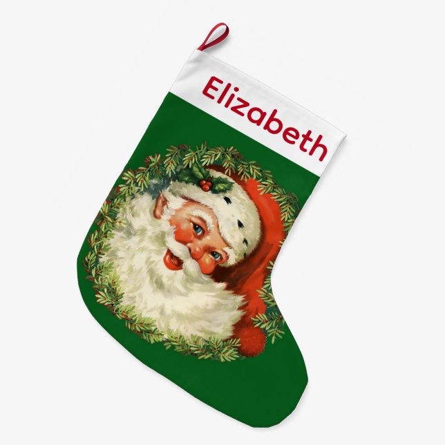 Vintager Weihnachtsmann mit Kiefernwald Großer Weihnachtsstrumpf (Vorderansicht (hängend))