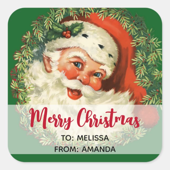 Vintager Weihnachtsmann mit Kiefernwald Weihnachte Quadratischer Aufkleber (Vorderseite)