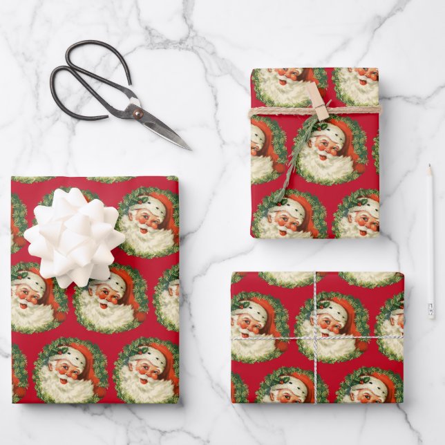 Vintager Weihnachtsmann mit Kiefernwaldmuster Geschenkpapier Set (Vorderseite)