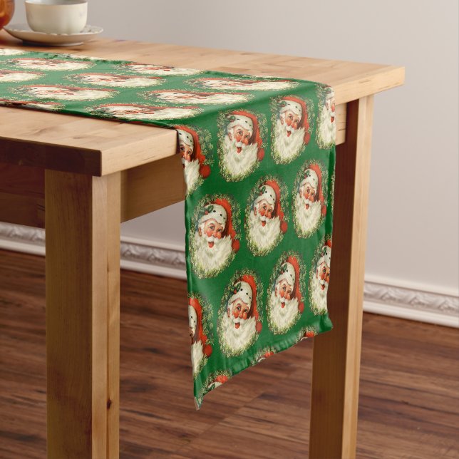 Vintager Weihnachtsmann mit Kiefernwaldmuster Kurzer Tischläufer (Beispiel)