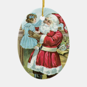 Vintager Weihnachtsmann mit Kind - oval Keramikornament
