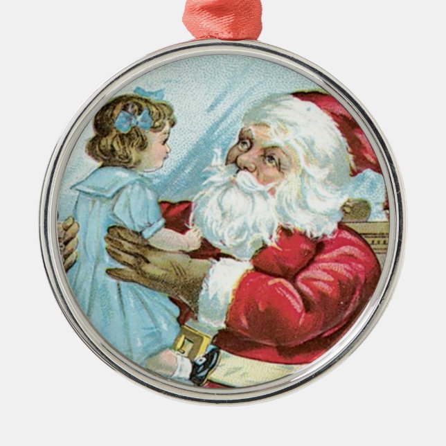 Vintager Weihnachtsmann mit Kind Silbernes Ornament (Vorne)