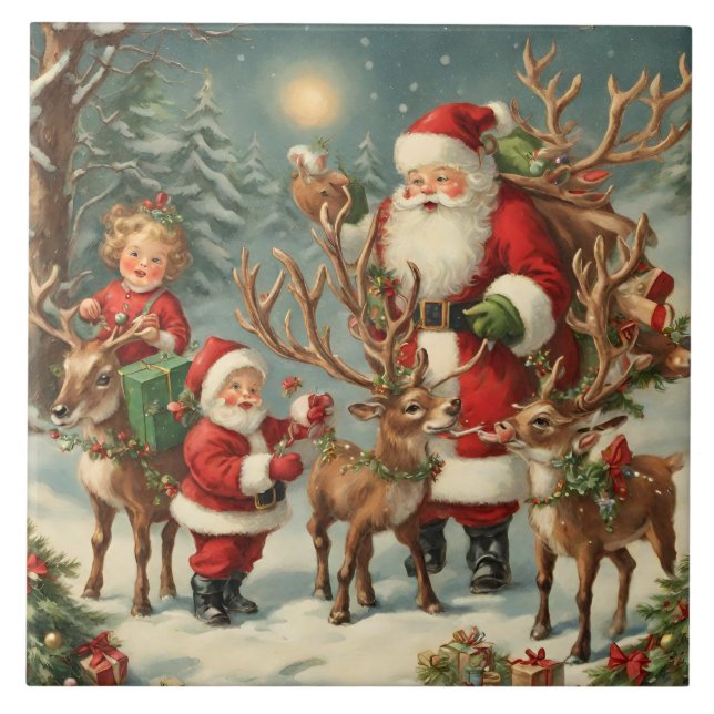 Vintager Weihnachtsmann mit Kindern, Rentieren und Fliese (Vorderseite)