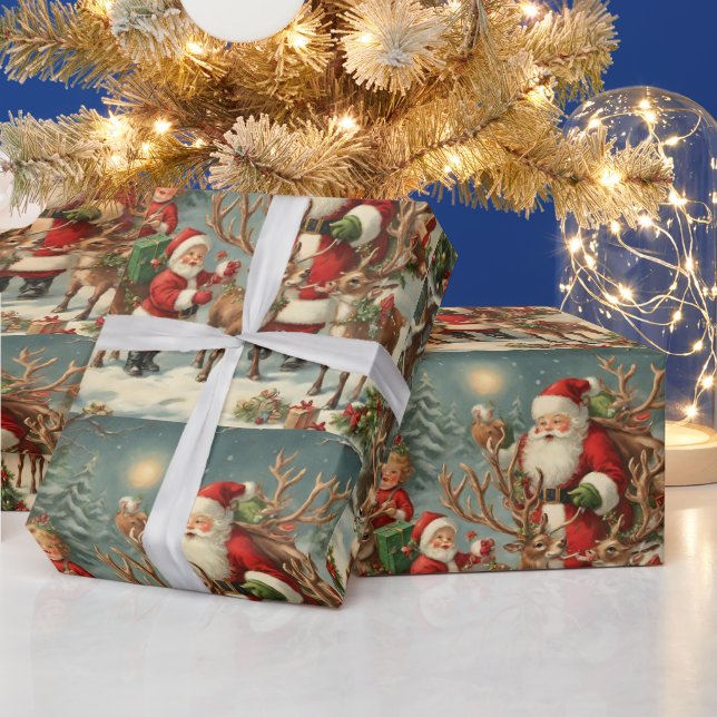 Vintager Weihnachtsmann mit Kindern, Rentieren und Geschenkpapier (Feiertage)
