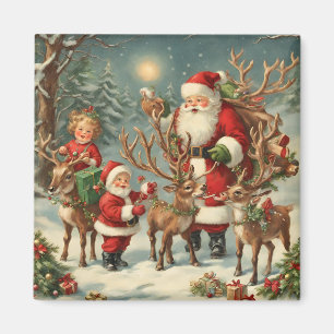 Vintager Weihnachtsmann mit Kindern, Rentieren und Magnet