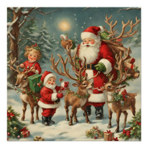 Vintager Weihnachtsmann mit Kindern, Rentieren und Poster