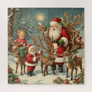 Vintager Weihnachtsmann mit Kindern, Rentieren und Puzzle