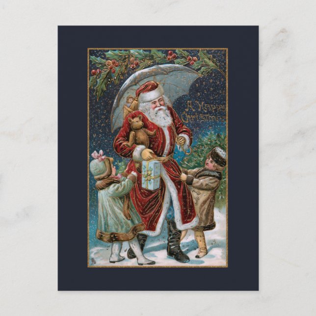 Vintager Weihnachtsmann mit Kindern und Schirm Postkarte (Vorderseite)