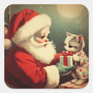 Vintager Weihnachtsmann mit Kitten Retro Santa Quadratischer Aufkleber