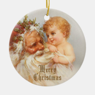 Vintager Weihnachtsmann mit lächelndem Kind Keramikornament