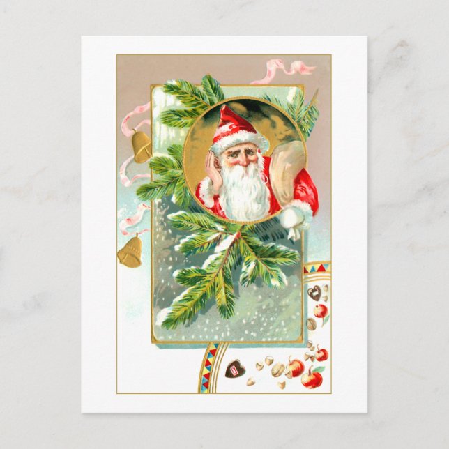 Vintager Weihnachtsmann mit Leckereien und schneeb Postkarte (Vorderseite)