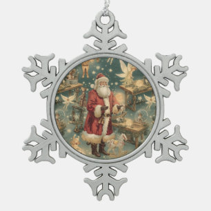 Vintager Weihnachtsmann mit Magic & Fairies Schneeflocken Zinn-Ornament