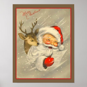 Vintager Weihnachtsmann mit Rentier Poster