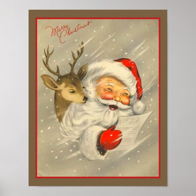 Vintager Weihnachtsmann mit Rentier Poster (Vorne)