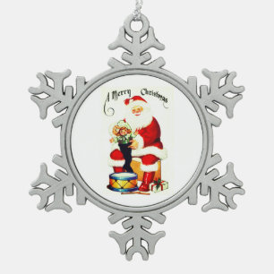 Vintager Weihnachtsmann mit Spielzeug Schneeflocken Zinn-Ornament