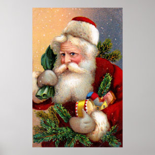 Vintager Weihnachtsmann mit Spielzeug und Twigs Poster