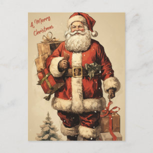 Vintager Weihnachtsmann mit Weihnachtsgeschenken Feiertagspostkarte