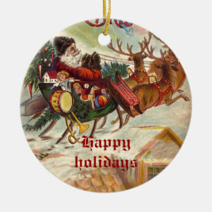 Vintager Weihnachtsmann Rentierfisch Sleigh Keramik Ornament