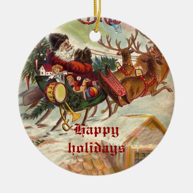 Vintager Weihnachtsmann Rentierfisch Sleigh Keramik Ornament (Vorne)