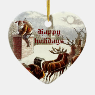 Vintager Weihnachtsmann Rentierfisch Sleigh Keramikornament