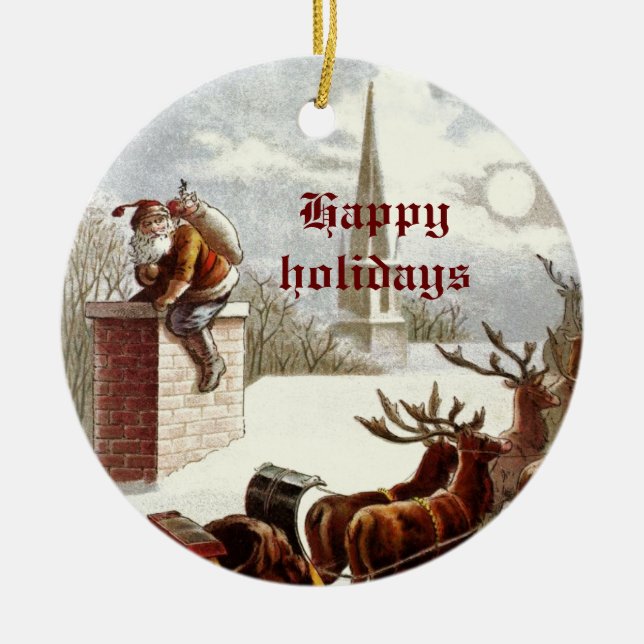 Vintager Weihnachtsmann Rentierfisch Sleigh Keramikornament (Vorne)