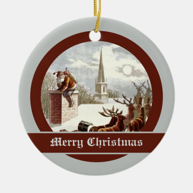 Vintager Weihnachtsmann Rentierfisch Sleigh Keramikornament (Vorne)