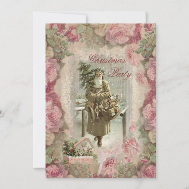 Vintager Weihnachtsmann, Rosa Rosen Collage Weihna Einladung (Vorderseite)