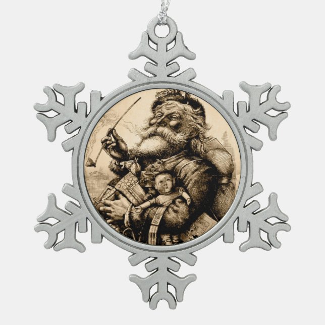 Vintager Weihnachtsmann Schneeflocken Zinn-Ornament (Vorderseite)