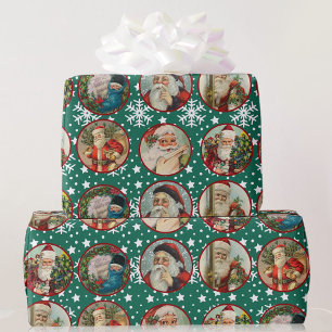 Vintager Weihnachtsmann schneidet grünen Weißen Sc Geschenkpapier