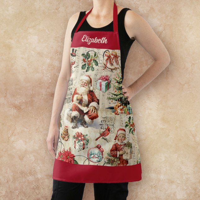 Vintager Weihnachtsmann Schürze (A festive vintage Christmas apron with Santa Claus and other Christmas holiday embellishments.)