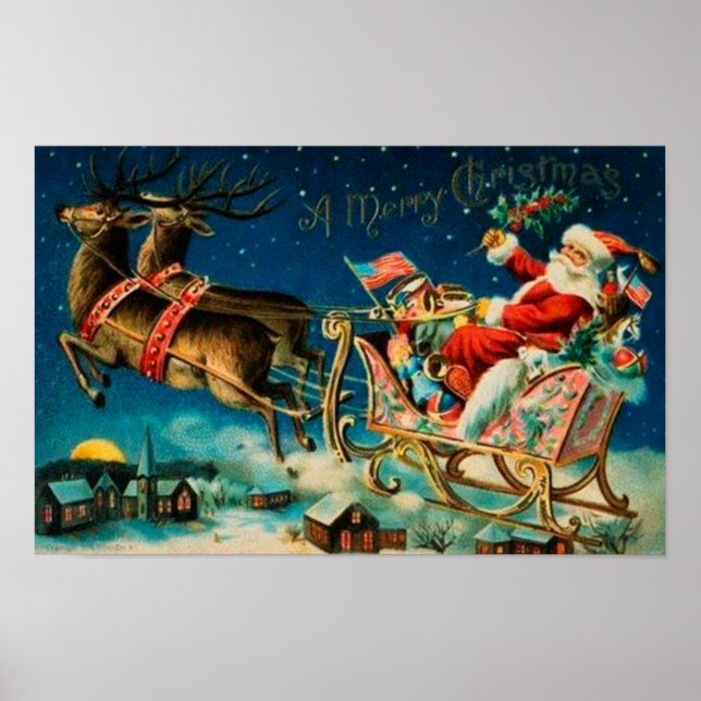 Vintager Weihnachtsmann Sleigh Weihnachten Poster (Vorne)